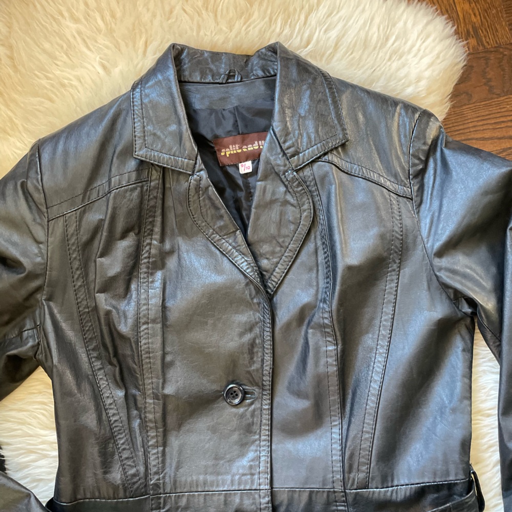 Vintage 80s leather duster trench coat Split Ends Ltd. Black coat jacket - Picture 9 of 13